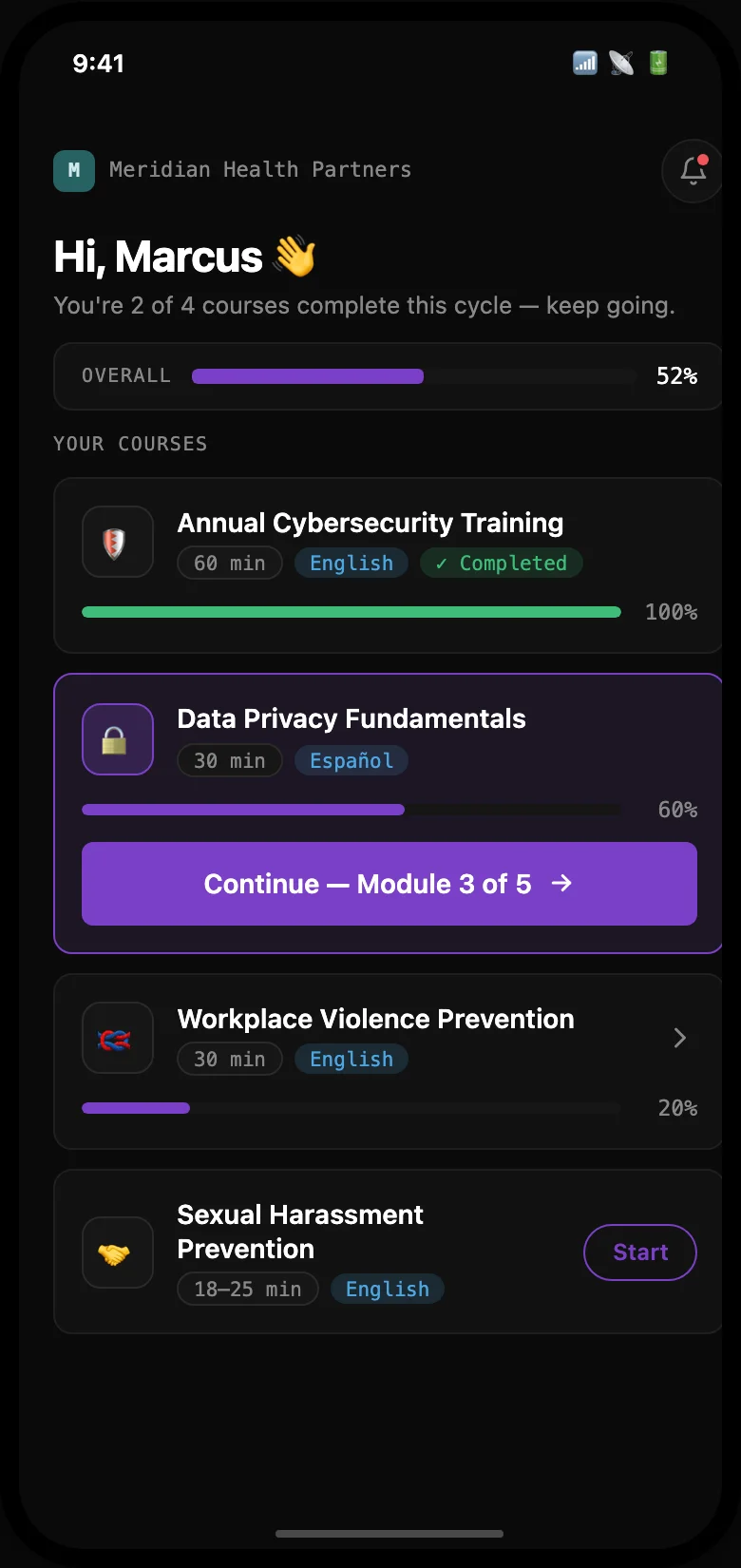 Learn hosted LMS learner mobile view showing assigned courses and progress