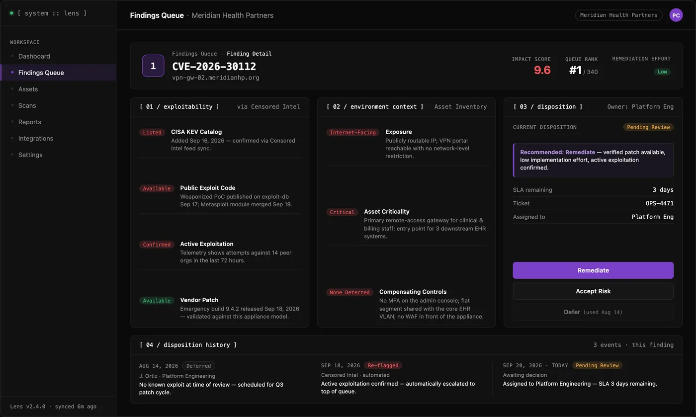 Lens finding detail showing exploitability, environment context, disposition options, and disposition history