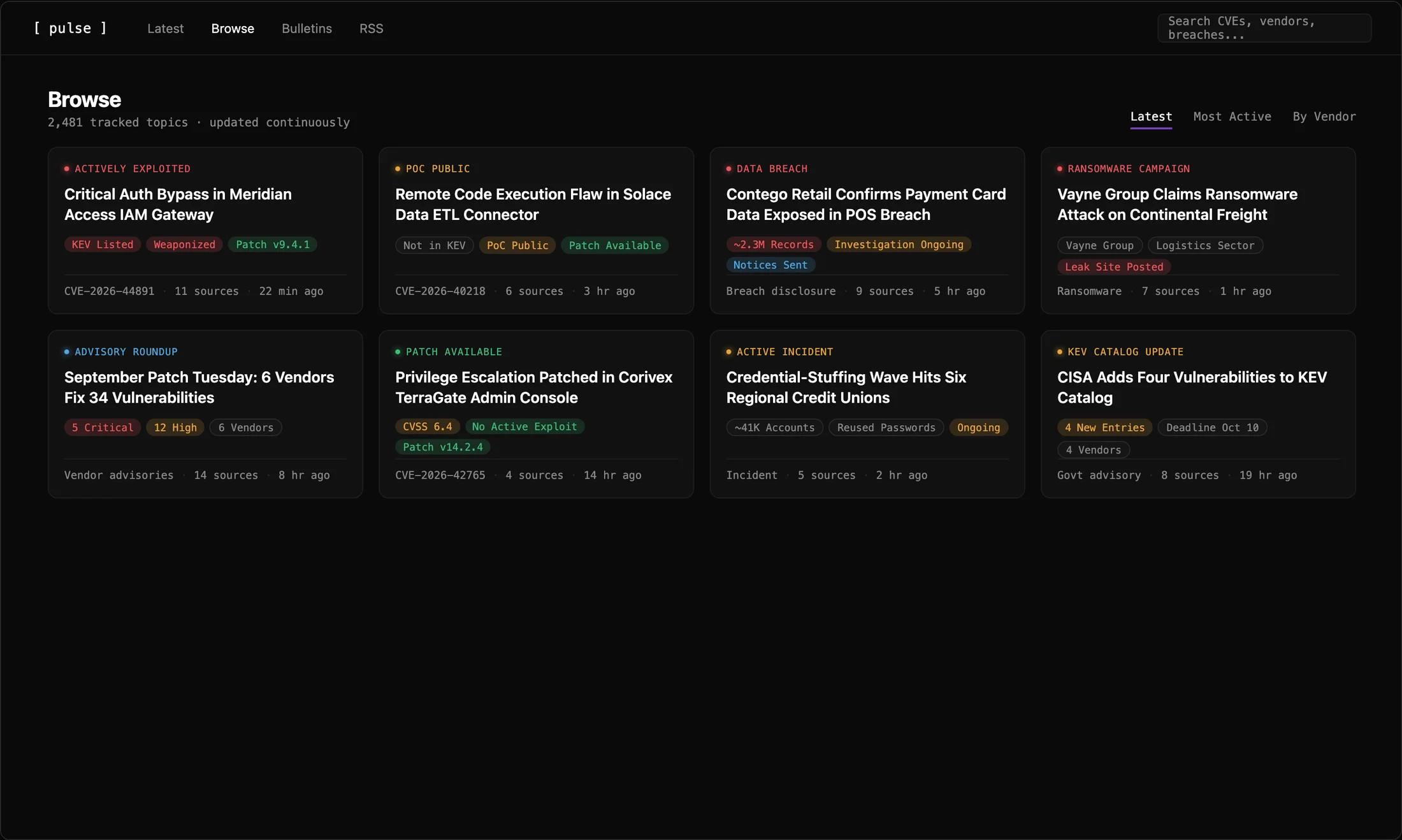 Pulse browse page showing the current grid of tracked topics